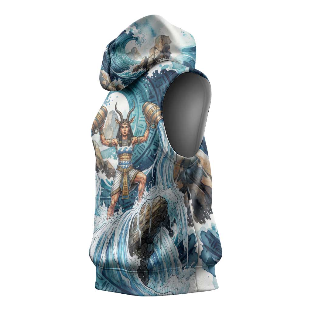 Satis Water Torrent Sleeveless Hoodie with Egyptian Flood Symbolism in Oceanic Blue Tones