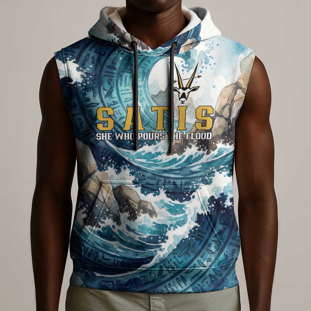 Satis Water Torrent Sleeveless Hoodie with Egyptian Flood Symbolism in Oceanic Blue Tones