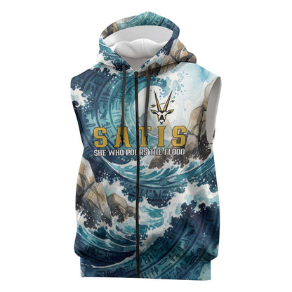 Satis Water Torrent Sleeveless Zip Hoodie with Egyptian Flood Symbolism in Oceanic Blue Tones