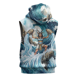 Satis Water Torrent Sleeveless Zip Hoodie with Egyptian Flood Symbolism in Oceanic Blue Tones