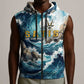 Satis Water Torrent Sleeveless Zip Hoodie with Egyptian Flood Symbolism in Oceanic Blue Tones