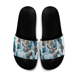 Satis Water Torrent Slide Sandals with Egyptian Flood Symbolism in Oceanic Blue Tones