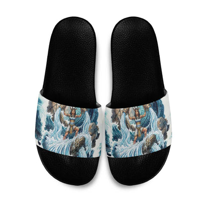 Satis Water Torrent Slide Sandals with Egyptian Flood Symbolism in Oceanic Blue Tones