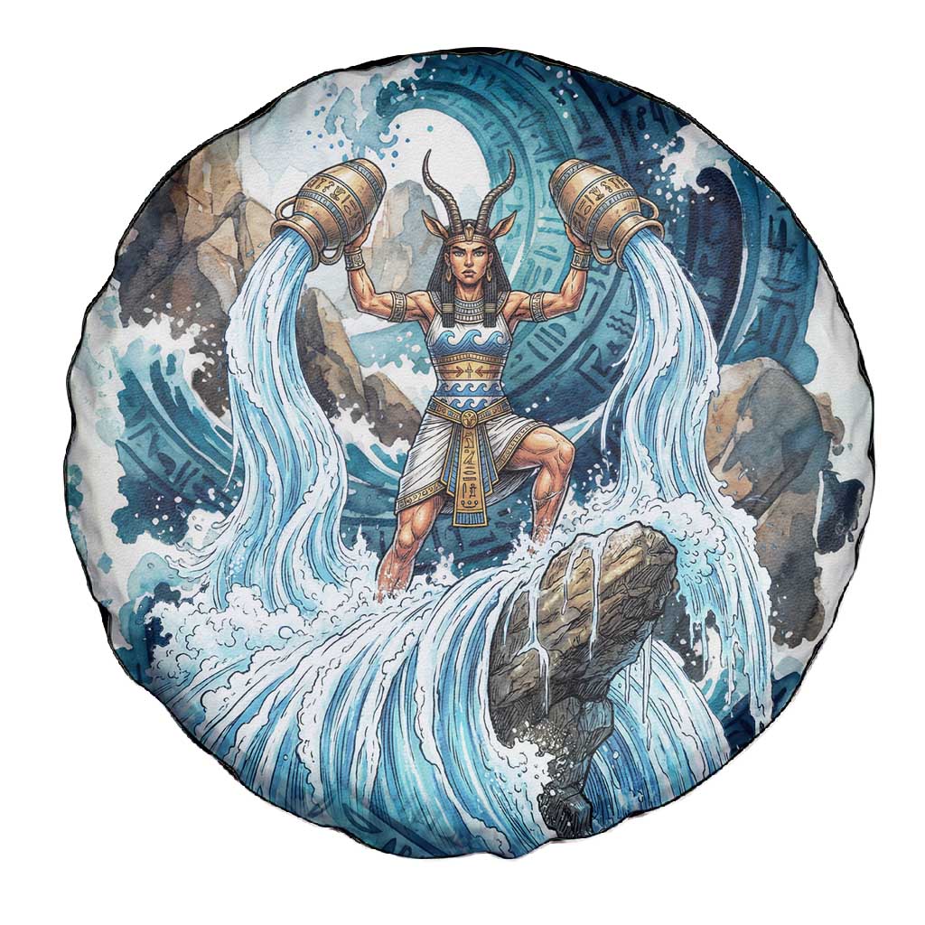 Satis Water Torrent Spare Tire Cover with Egyptian Flood Symbolism in Oceanic Blue Tones