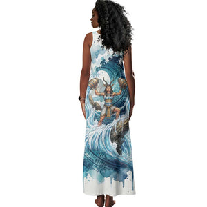 Satis Water Torrent Tank Maxi Dress with Egyptian Flood Symbolism in Oceanic Blue Tones