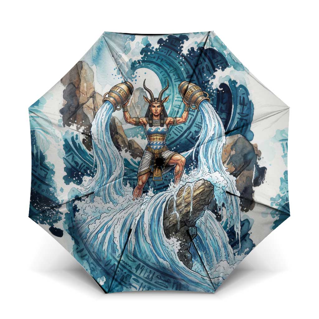 Satis Water Torrent Umbrella with Egyptian Flood Symbolism in Oceanic Blue Tones