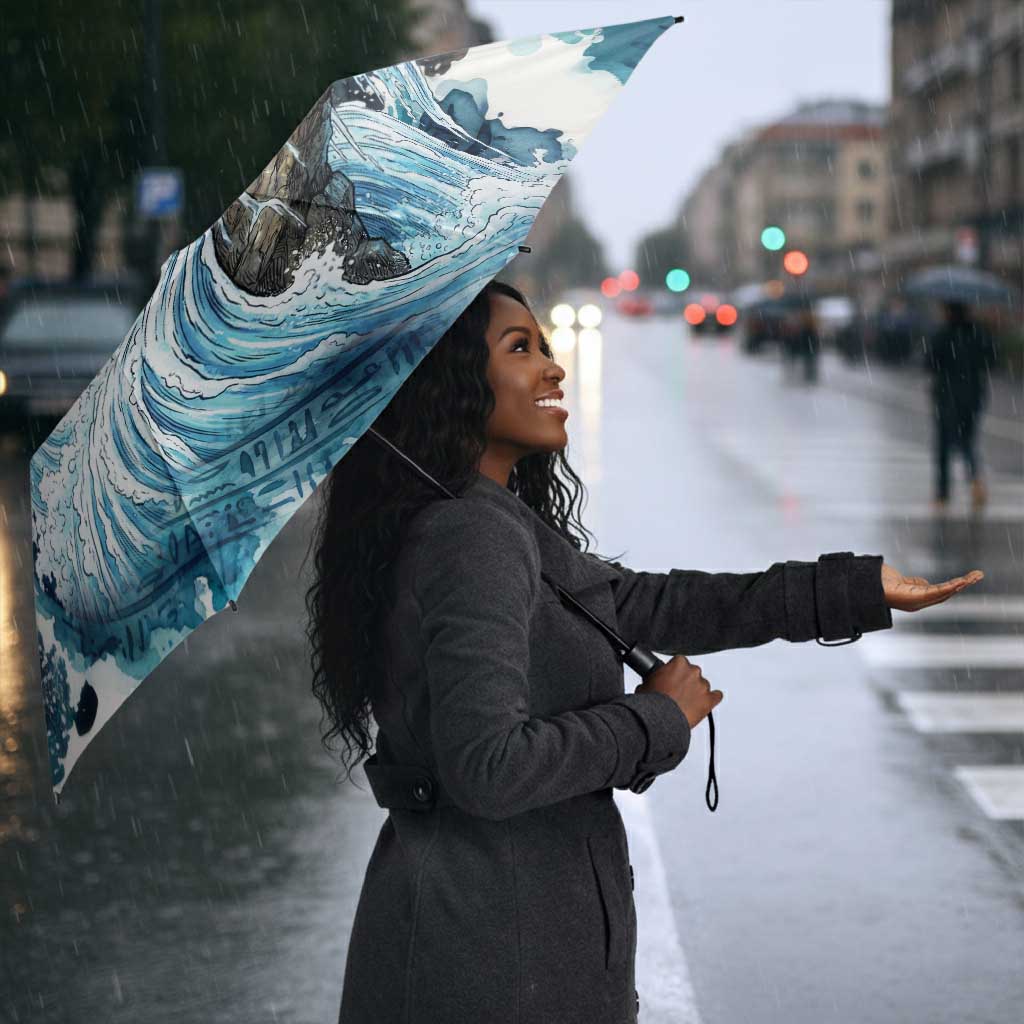 Satis Water Torrent Umbrella with Egyptian Flood Symbolism in Oceanic Blue Tones