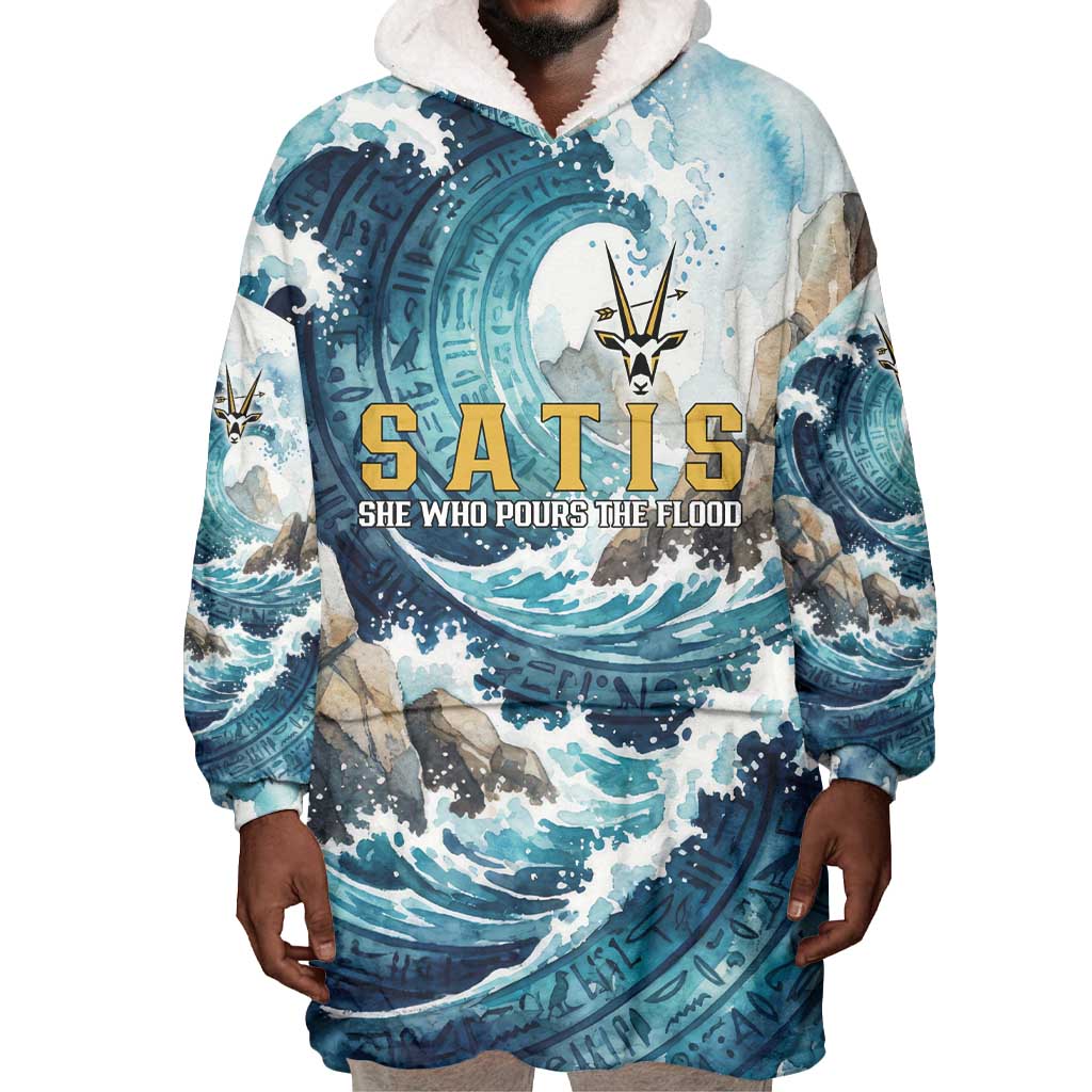 Satis Water Torrent Wearable Blanket Hoodie with Egyptian Flood Symbolism in Oceanic Blue Tones