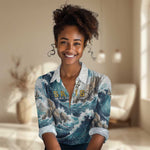 Satis Water Torrent Women Casual Shirt with Egyptian Flood Symbolism in Oceanic Blue Tones