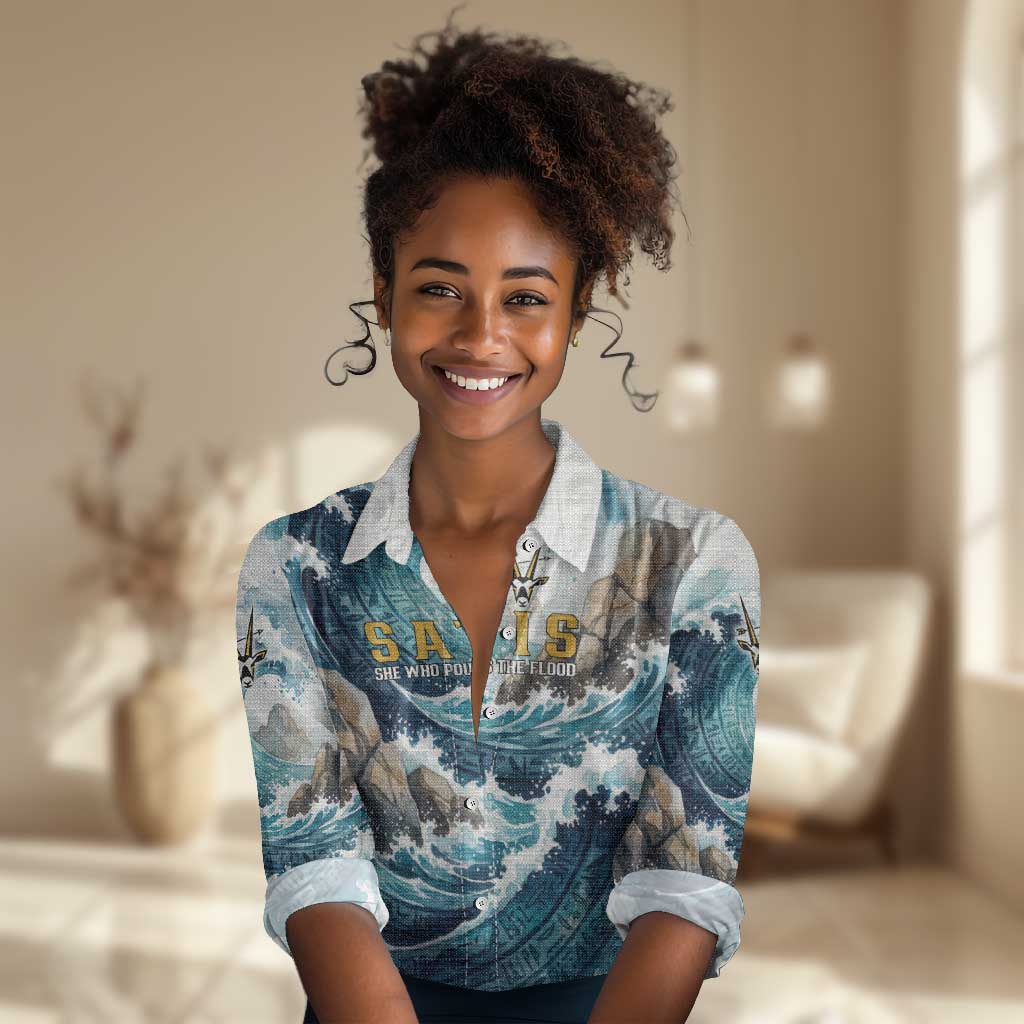 Satis Water Torrent Women Casual Shirt with Egyptian Flood Symbolism in Oceanic Blue Tones