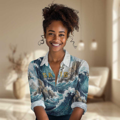 Satis Water Torrent Women Casual Shirt with Egyptian Flood Symbolism in Oceanic Blue Tones