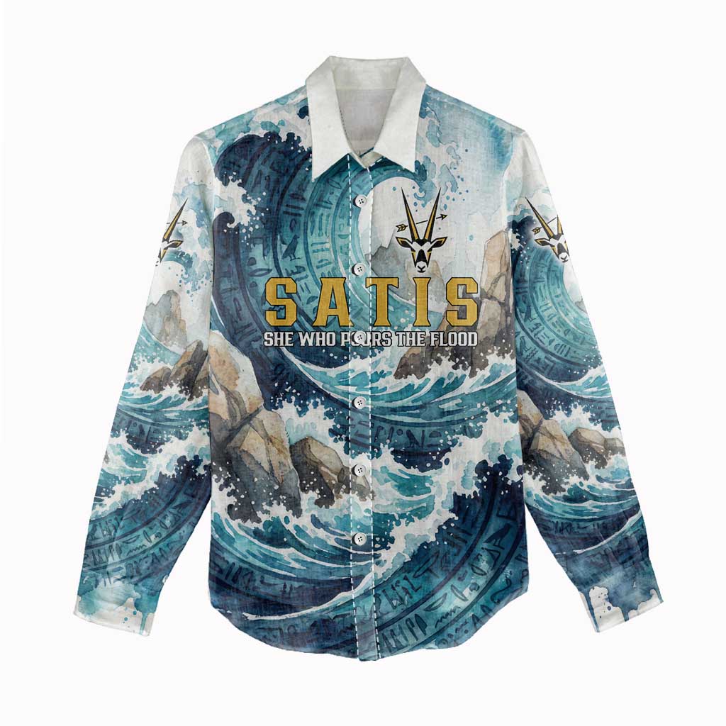 Satis Water Torrent Women Casual Shirt with Egyptian Flood Symbolism in Oceanic Blue Tones