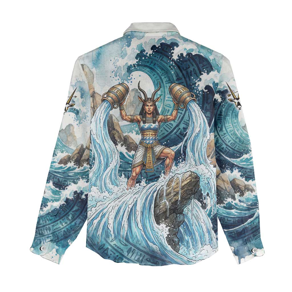 Satis Water Torrent Women Casual Shirt with Egyptian Flood Symbolism in Oceanic Blue Tones