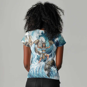Satis Water Torrent Women V-Neck T-Shirt with Egyptian Flood Symbolism in Oceanic Blue Tones