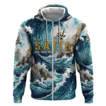 Satis Water Torrent Zip Hoodie with Egyptian Flood Symbolism in Oceanic Blue Tones