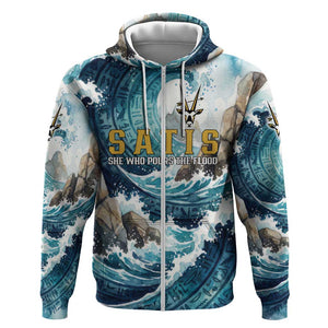 Satis Water Torrent Zip Hoodie with Egyptian Flood Symbolism in Oceanic Blue Tones