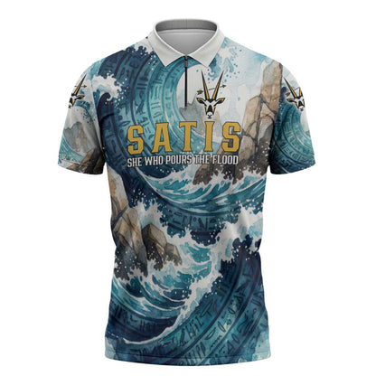Satis Water Torrent Zipper Polo Shirt with Egyptian Flood Symbolism in Oceanic Blue Tones