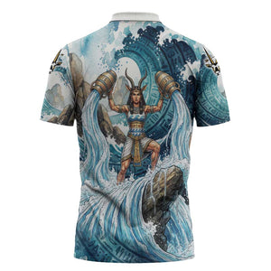 Satis Water Torrent Zipper Polo Shirt with Egyptian Flood Symbolism in Oceanic Blue Tones