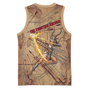 Satis Basketball Jersey with Fiery Bow and Arrow in Ancient Egyptian Warrior