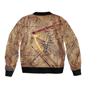 Satis Bomber Jacket with Fiery Bow and Arrow in Ancient Egyptian Warrior