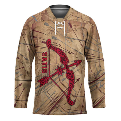 Satis Hockey Jersey with Fiery Bow and Arrow in Ancient Egyptian Warrior