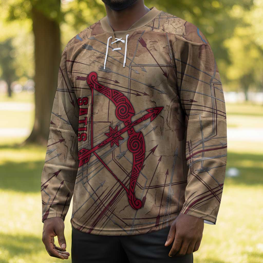 Satis Hockey Jersey with Fiery Bow and Arrow in Ancient Egyptian Warrior
