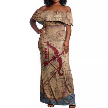 Satis Off Shoulder Maxi Dress with Fiery Bow and Arrow in Ancient Egyptian Warrior