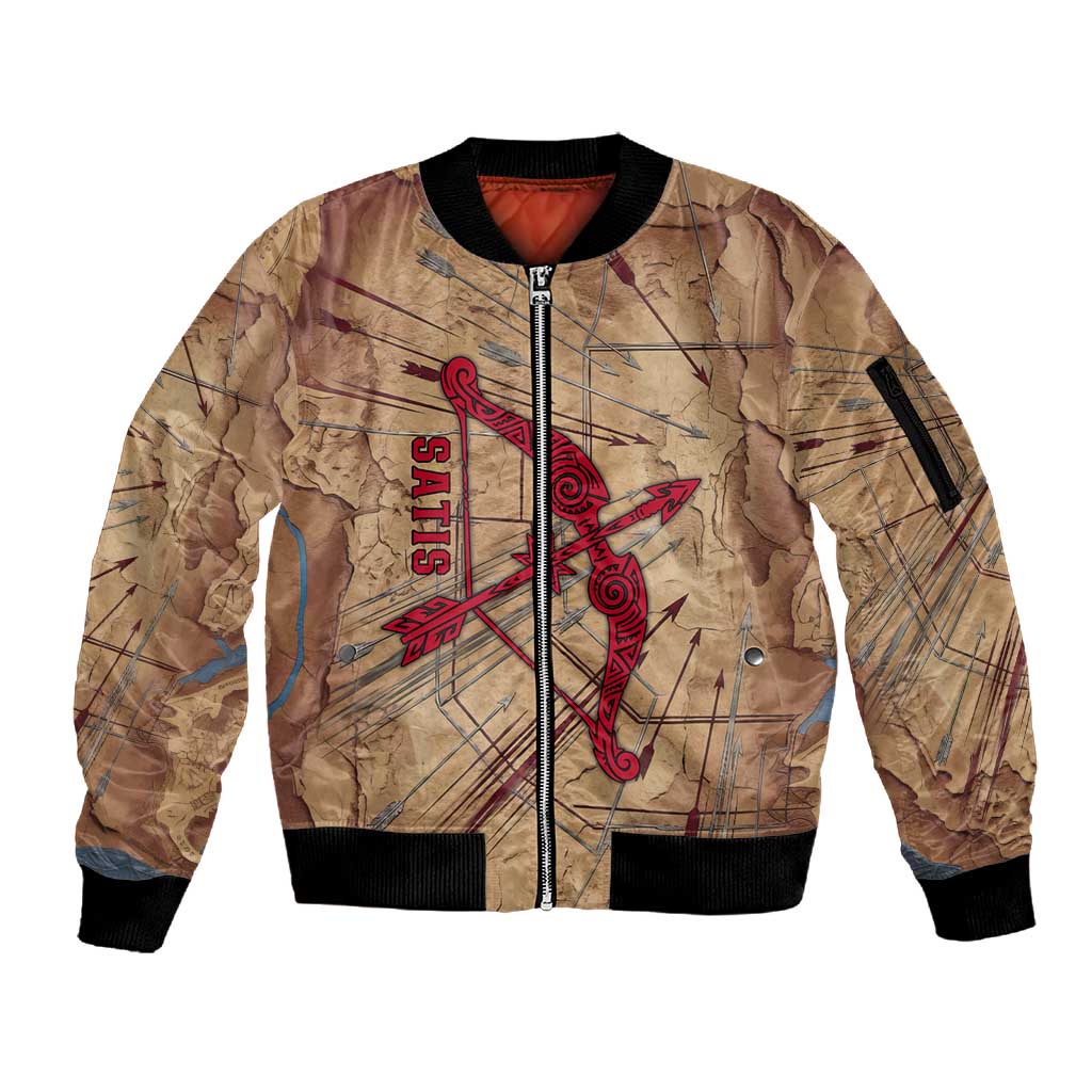 Satis Sleeve Zip Bomber Jacket with Fiery Bow and Arrow in Ancient Egyptian Warrior