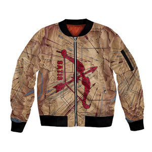 Satis Sleeve Zip Bomber Jacket with Fiery Bow and Arrow in Ancient Egyptian Warrior