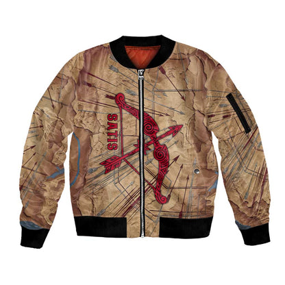 Satis Sleeve Zip Bomber Jacket with Fiery Bow and Arrow in Ancient Egyptian Warrior