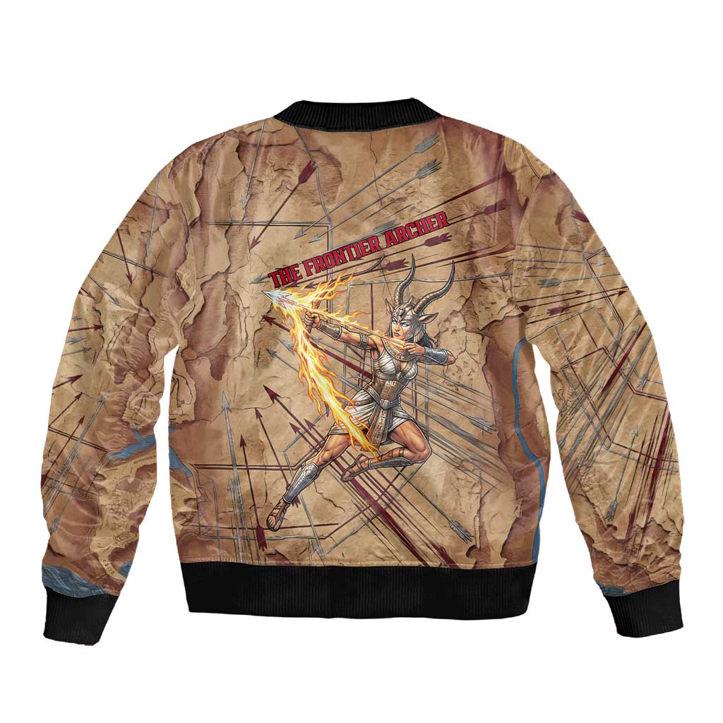 Satis Sleeve Zip Bomber Jacket with Fiery Bow and Arrow in Ancient Egyptian Warrior