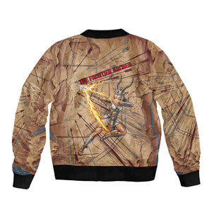 Satis Sleeve Zip Bomber Jacket with Fiery Bow and Arrow in Ancient Egyptian Warrior