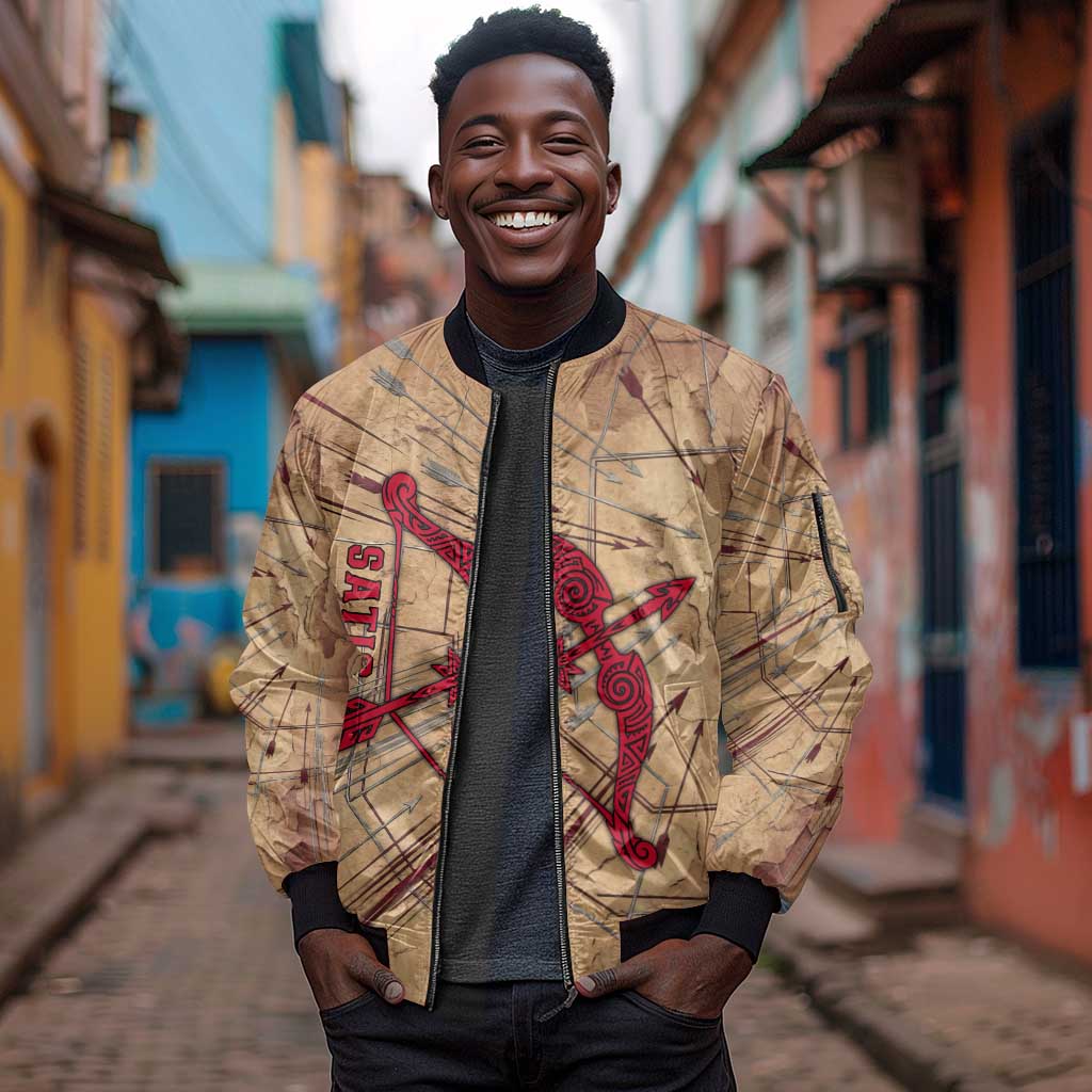 Satis Sleeve Zip Bomber Jacket with Fiery Bow and Arrow in Ancient Egyptian Warrior