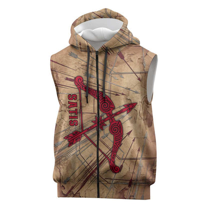 Satis Sleeveless Zip Hoodie with Fiery Bow and Arrow in Ancient Egyptian Warrior