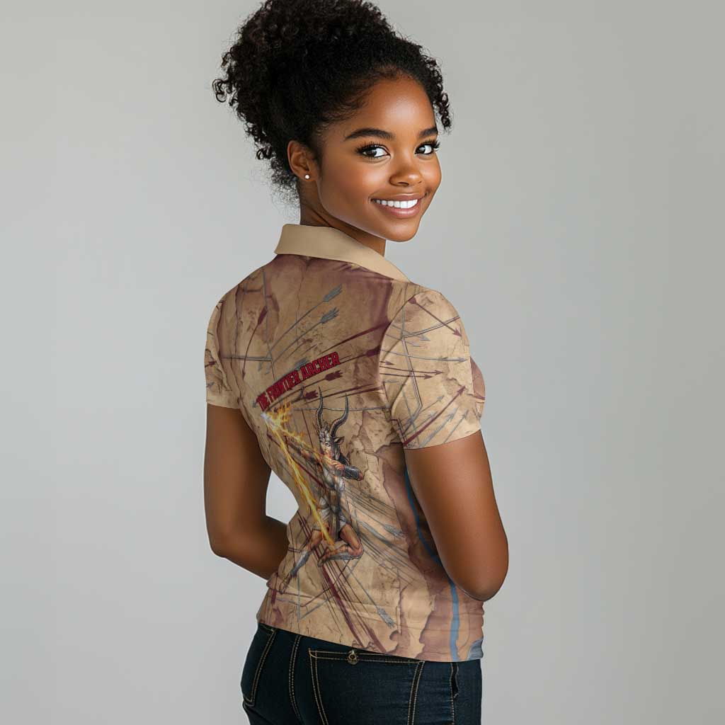 Satis Women Polo Shirt with Fiery Bow and Arrow in Ancient Egyptian Warrior