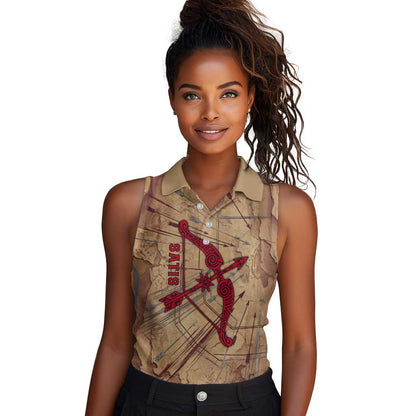 Satis Women Sleeveless Polo Shirt with Fiery Bow and Arrow in Ancient Egyptian Warrior