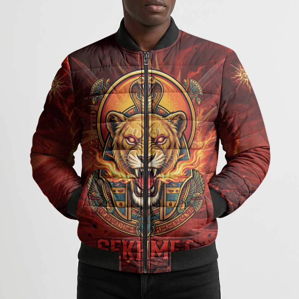 Sekhmet Bomber Puffer Jacket Egyptian Fiery Lioness Head and Ancient Warrior