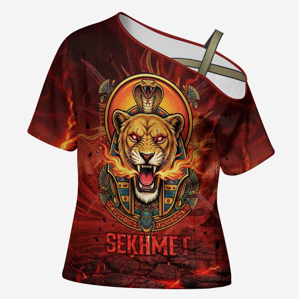 Sekhmet Cross Shoulder Shirt Egyptian Fiery Lioness Head and Ancient Warrior