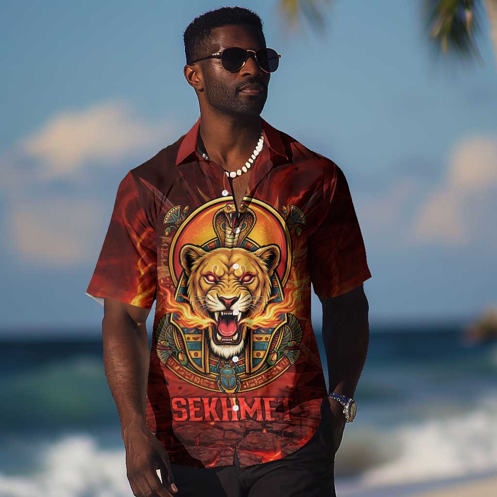 Sekhmet Hawaiian Shirt Egyptian Fiery Lioness Head and Ancient Warrior