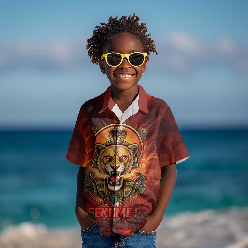 Sekhmet Kid Hawaiian Shirt Egyptian Fiery Lioness Head and Ancient Warrior
