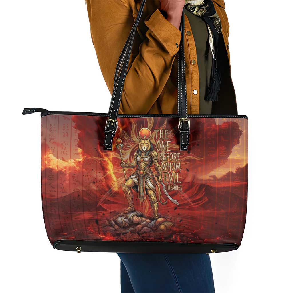 Sekhmet Leather Tote Bag Egyptian Fiery Lioness Head and Ancient Warrior