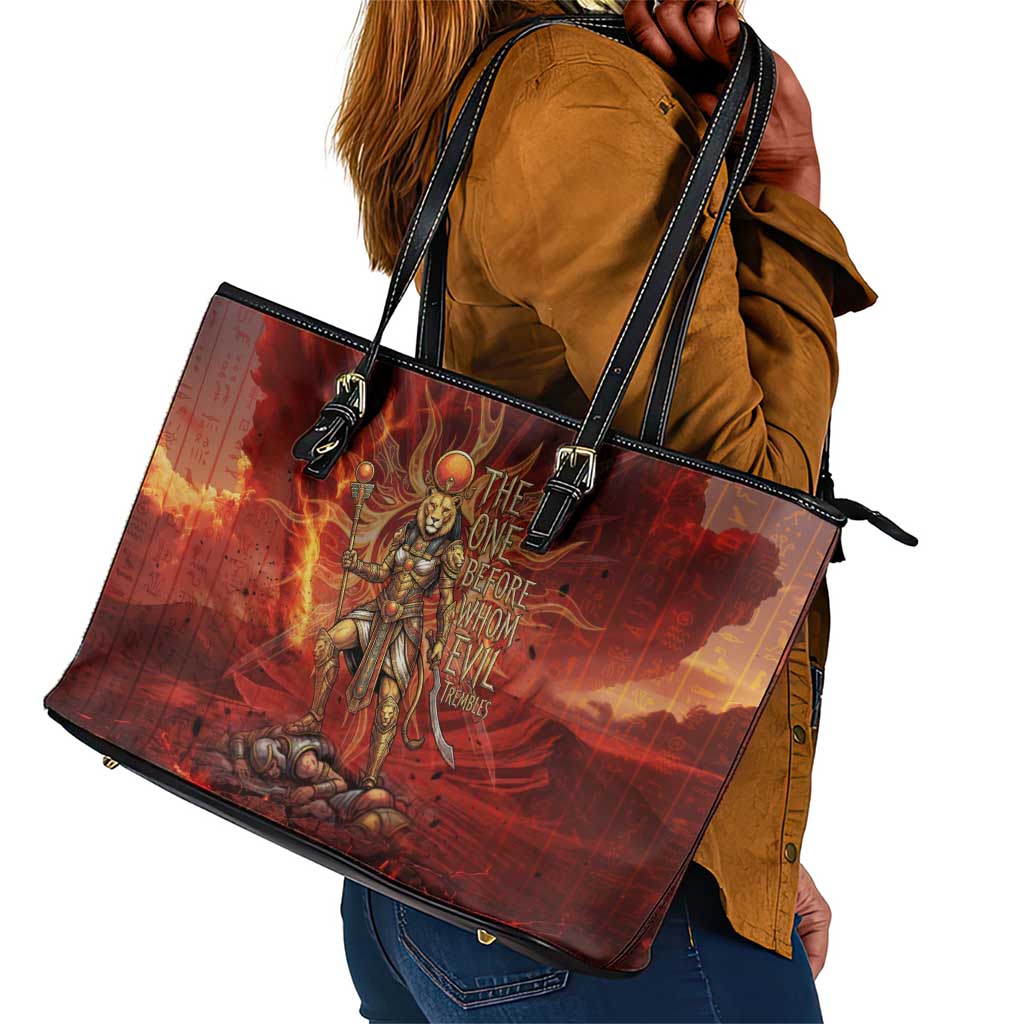 Sekhmet Leather Tote Bag Egyptian Fiery Lioness Head and Ancient Warrior