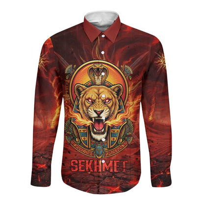 Sekhmet Long Sleeve Button Shirt Egyptian Fiery Lioness Head and Ancient Warrior