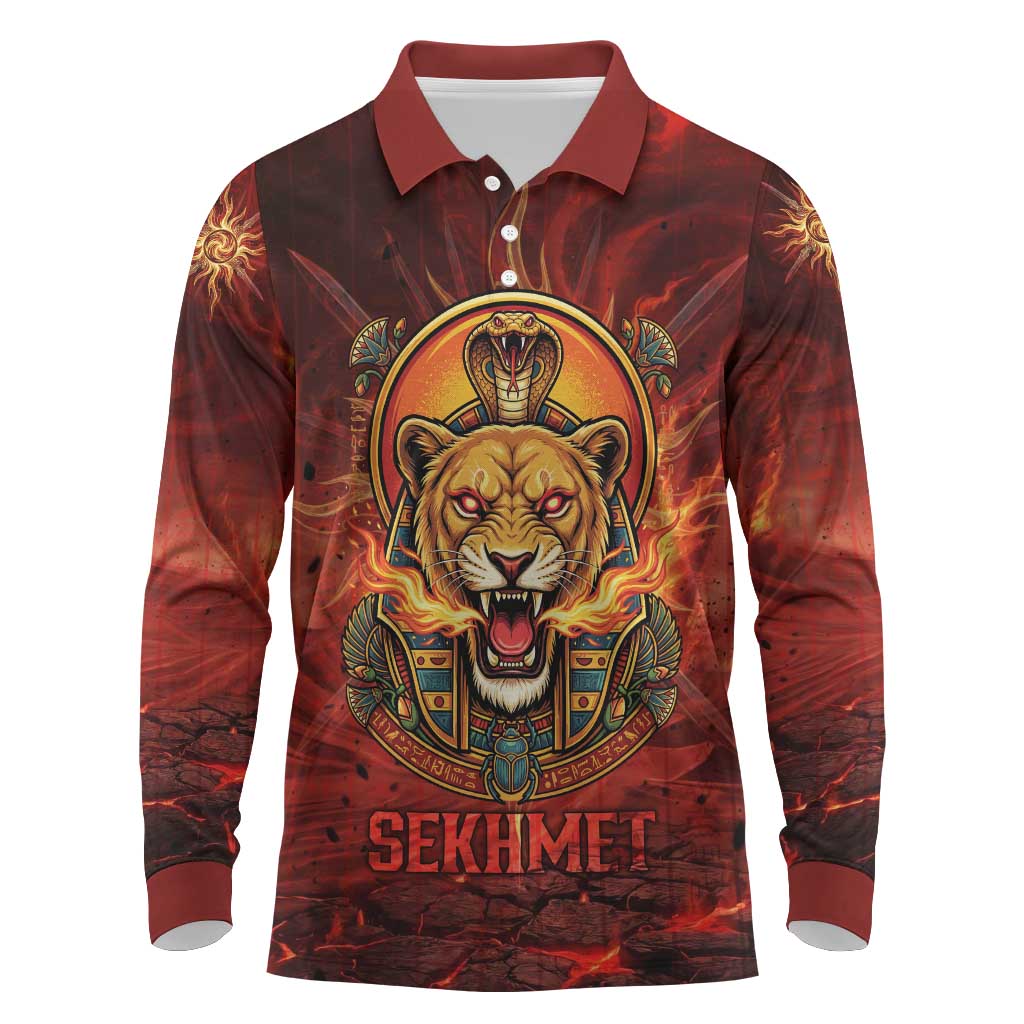 Sekhmet Long Sleeve Polo Shirt Egyptian Fiery Lioness Head and Ancient Warrior