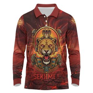 Sekhmet Long Sleeve Polo Shirt Egyptian Fiery Lioness Head and Ancient Warrior