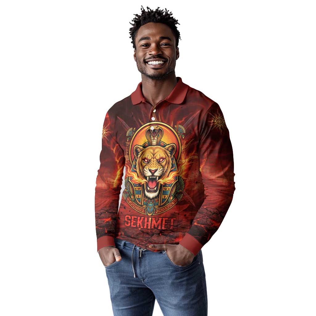 Sekhmet Long Sleeve Polo Shirt Egyptian Fiery Lioness Head and Ancient Warrior