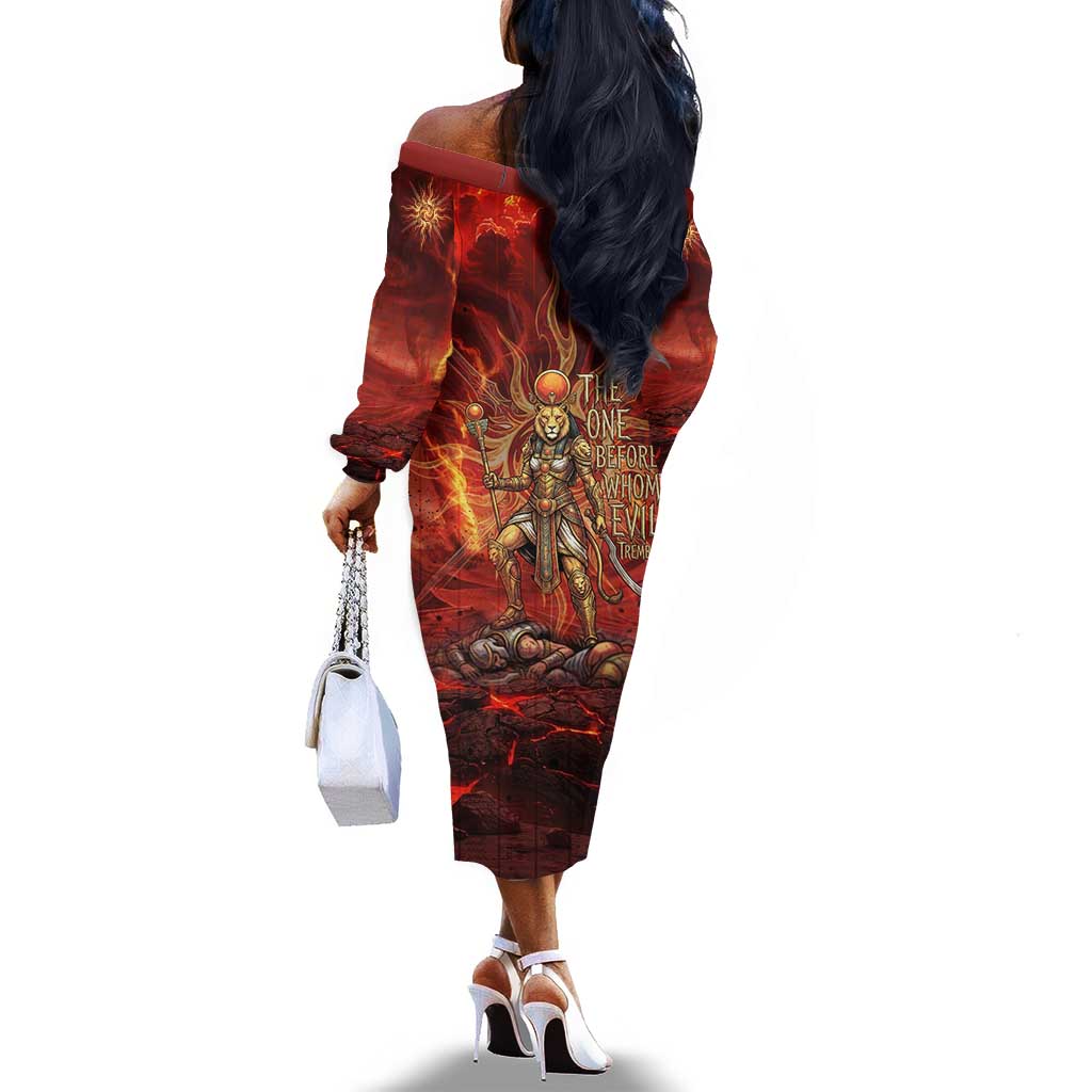 Sekhmet Off The Shoulder Long Sleeve Dress Egyptian Fiery Lioness Head and Ancient Warrior