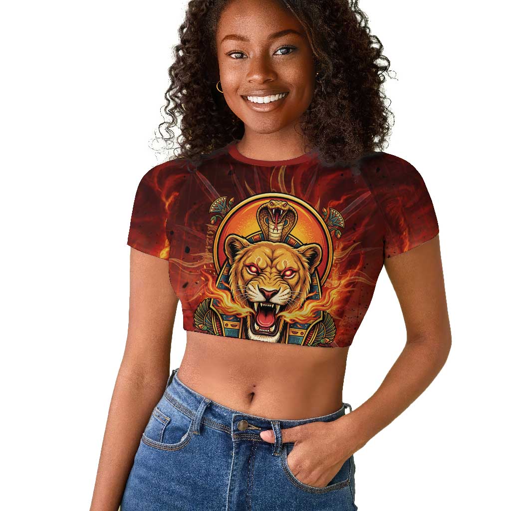 Sekhmet Raglan Cropped T shirt Egyptian Fiery Lioness Head and Ancient Warrior