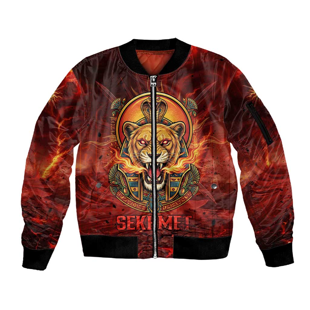 Sekhmet Sleeve Zip Bomber Jacket Egyptian Fiery Lioness Head and Ancient Warrior