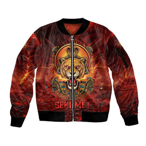 Sekhmet Sleeve Zip Bomber Jacket Egyptian Fiery Lioness Head and Ancient Warrior